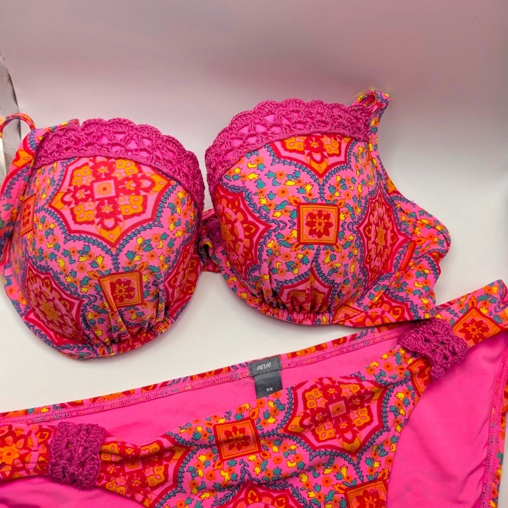 Aerie Pink Halter Bikini Set 36D Medium Y2K Medallion Crochet Lace Underwire